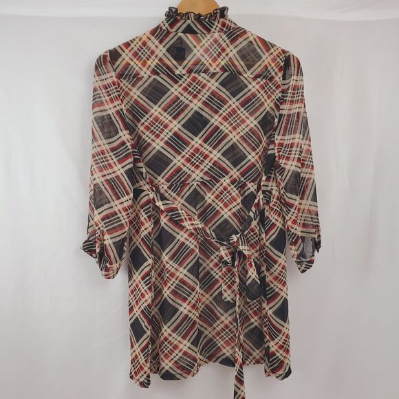 Daytrip By The Buckle BKE Womens Top L Plaid Ruffle Tie Sheer Poly Shirt Size - Picture 5 of 8